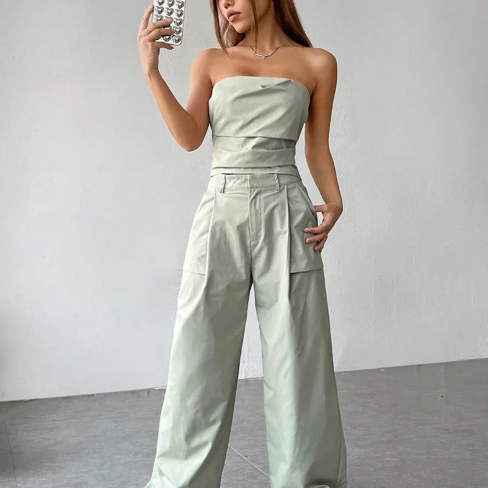 Grey Casual womens Solid Tube Top & Pants - Picture 4 of 5